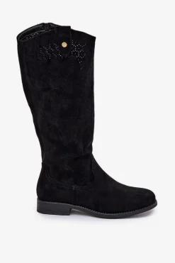 New Kozaki Na Płaskim Obcasie Z Ażurowym Wzorem S.Barski HY51-062 Czarne Damskie Kozaki Wiosenne|Kozaki Ażurowe