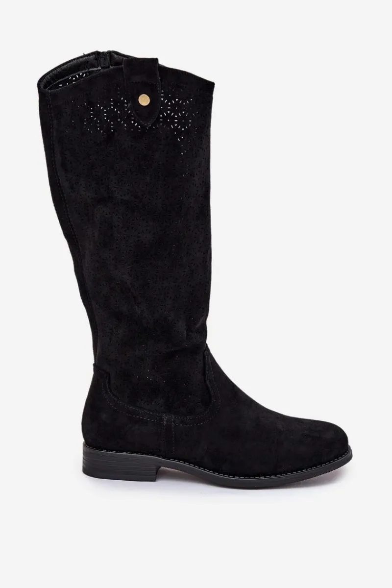 New Kozaki Na Płaskim Obcasie Z Ażurowym Wzorem S.Barski HY51-062 Czarne Damskie Kozaki Wiosenne|Kozaki Ażurowe