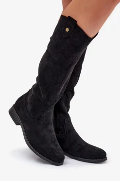 New Kozaki Na Płaskim Obcasie Z Ażurowym Wzorem S.Barski HY51-062 Czarne Damskie Kozaki Wiosenne|Kozaki Ażurowe