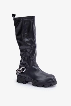 Outlet Kozaki Na Płaskim Obcasie Z Łańcuchem Czarne Nauricette Damskie Kozaki Ocieplane|Kozaki Płaskie