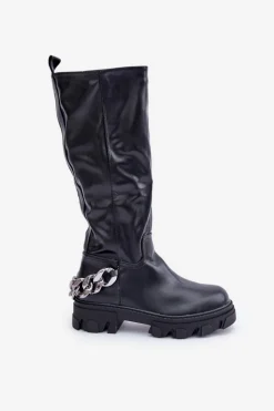 Outlet Kozaki Na Płaskim Obcasie Z Łańcuchem Czarne Nauricette Damskie Kozaki Ocieplane|Kozaki Płaskie