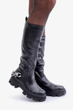 Outlet Kozaki Na Płaskim Obcasie Z Łańcuchem Czarne Nauricette Damskie Kozaki Ocieplane|Kozaki Płaskie