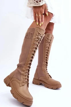 Kozaki Płaskie|Kozaki Przed Kolano>Boto Kozaki Na Płaskim Obcasie Ze Skarpetą Ciemnobeżowe Itona Beżowy