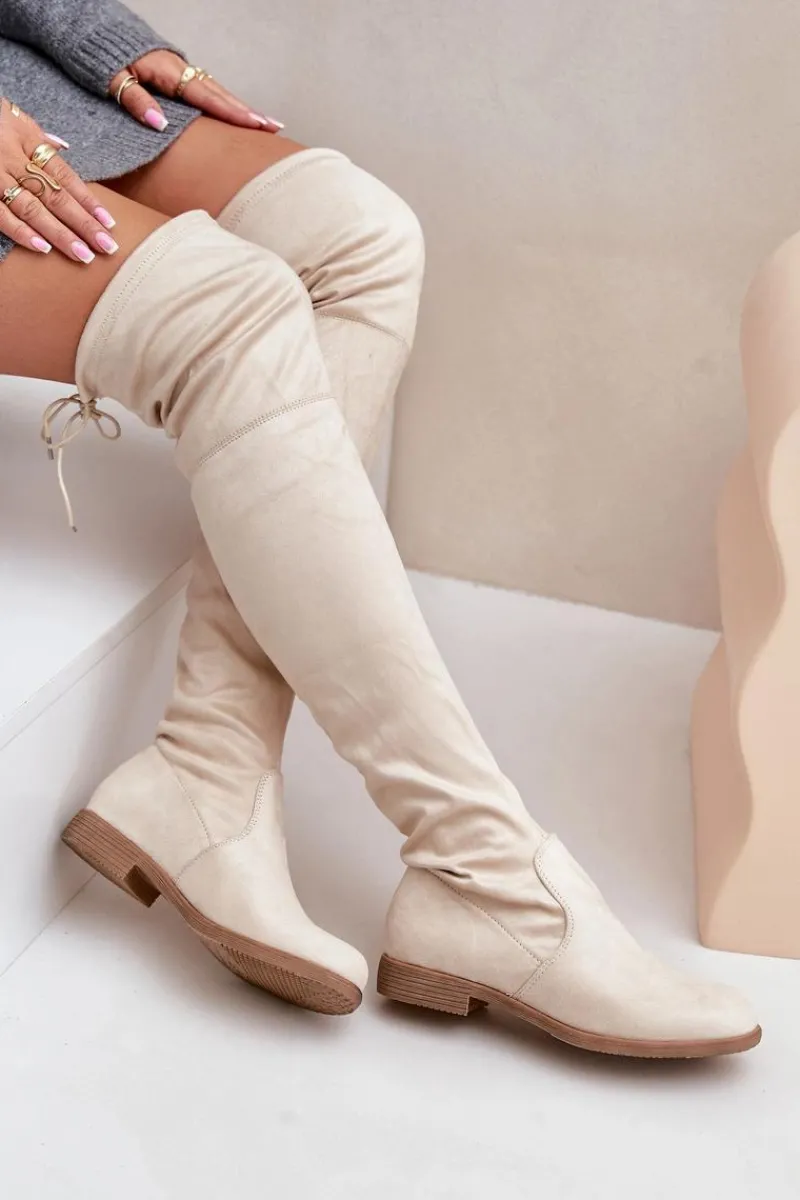 Online Boto Kozaki Na Płaskim Obcasie Za Kolano Z Eko Zamszu Beżowe Linnithia Beżowy