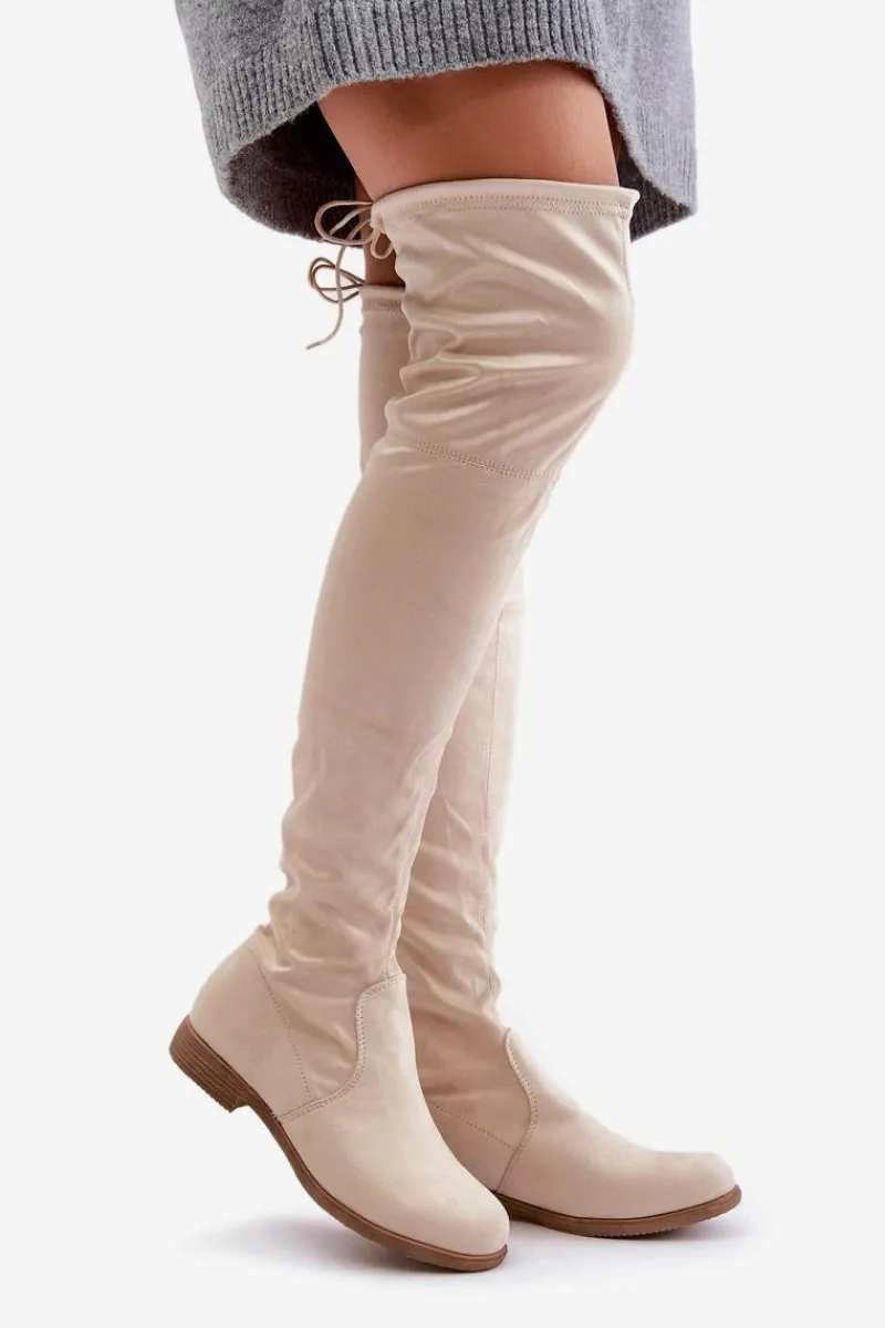 Online Boto Kozaki Na Płaskim Obcasie Za Kolano Z Eko Zamszu Beżowe Linnithia Beżowy