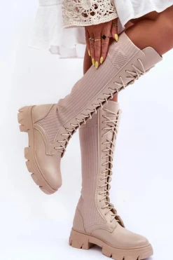 Best Boto Kozaki Na Płaskim Obcasie Ze Skarpetą Beżowe Itona