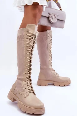 Best Boto Kozaki Na Płaskim Obcasie Ze Skarpetą Beżowe Itona