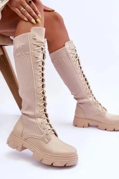 Best Boto Kozaki Na Płaskim Obcasie Ze Skarpetą Beżowe Itona