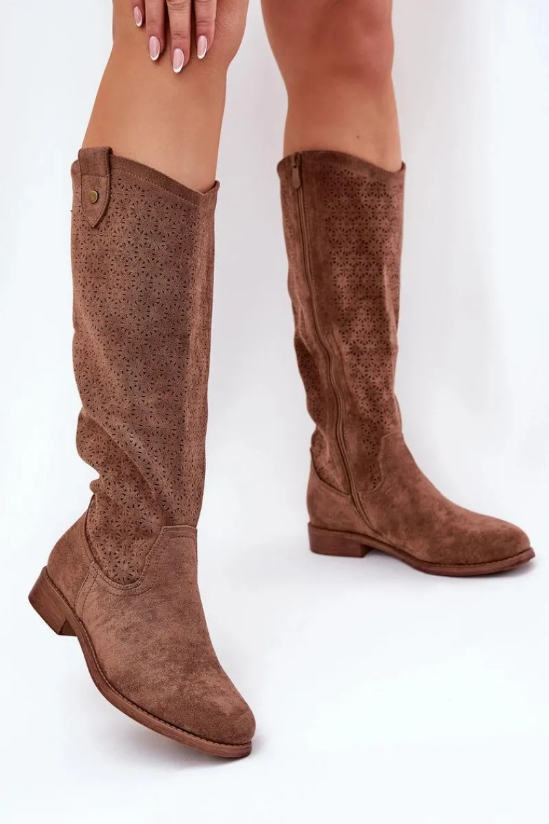 Discount Damskie buty S.Barski Kozaki Na Płaskim Obcasie Z Ażurowym Wzorem S.Barski HY51-062 Brązowe Brązowy