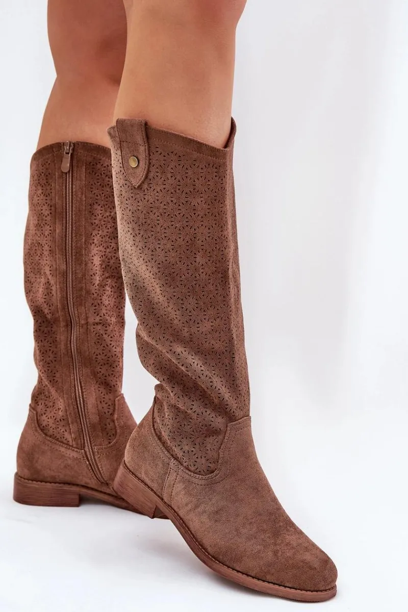 Discount Damskie buty S.Barski Kozaki Na Płaskim Obcasie Z Ażurowym Wzorem S.Barski HY51-062 Brązowe Brązowy