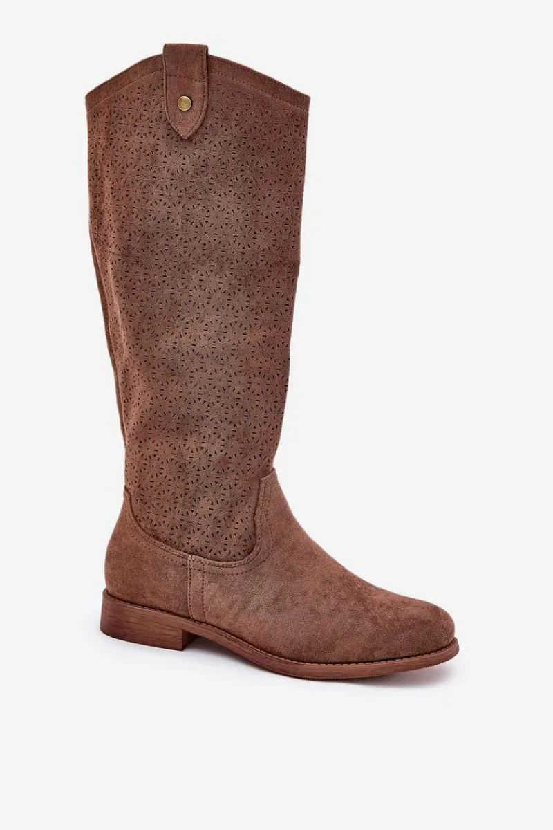 Discount Damskie buty S.Barski Kozaki Na Płaskim Obcasie Z Ażurowym Wzorem S.Barski HY51-062 Brązowe Brązowy