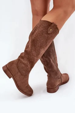 Discount Damskie buty S.Barski Kozaki Na Płaskim Obcasie Z Ażurowym Wzorem S.Barski HY51-062 Brązowe Brązowy