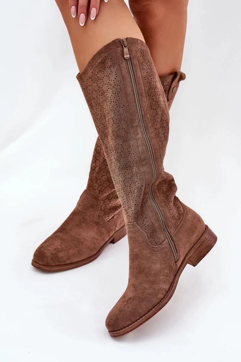 Discount Damskie buty S.Barski Kozaki Na Płaskim Obcasie Z Ażurowym Wzorem S.Barski HY51-062 Brązowe Brązowy