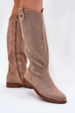 Kozaki Wiosenne|Kozaki Ażurowe>Damskie buty S.Barski Kozaki Na Płaskim Obcasie Z Ażurowym Wzorem S.Barski HY51-062 Beżowe Beżowy