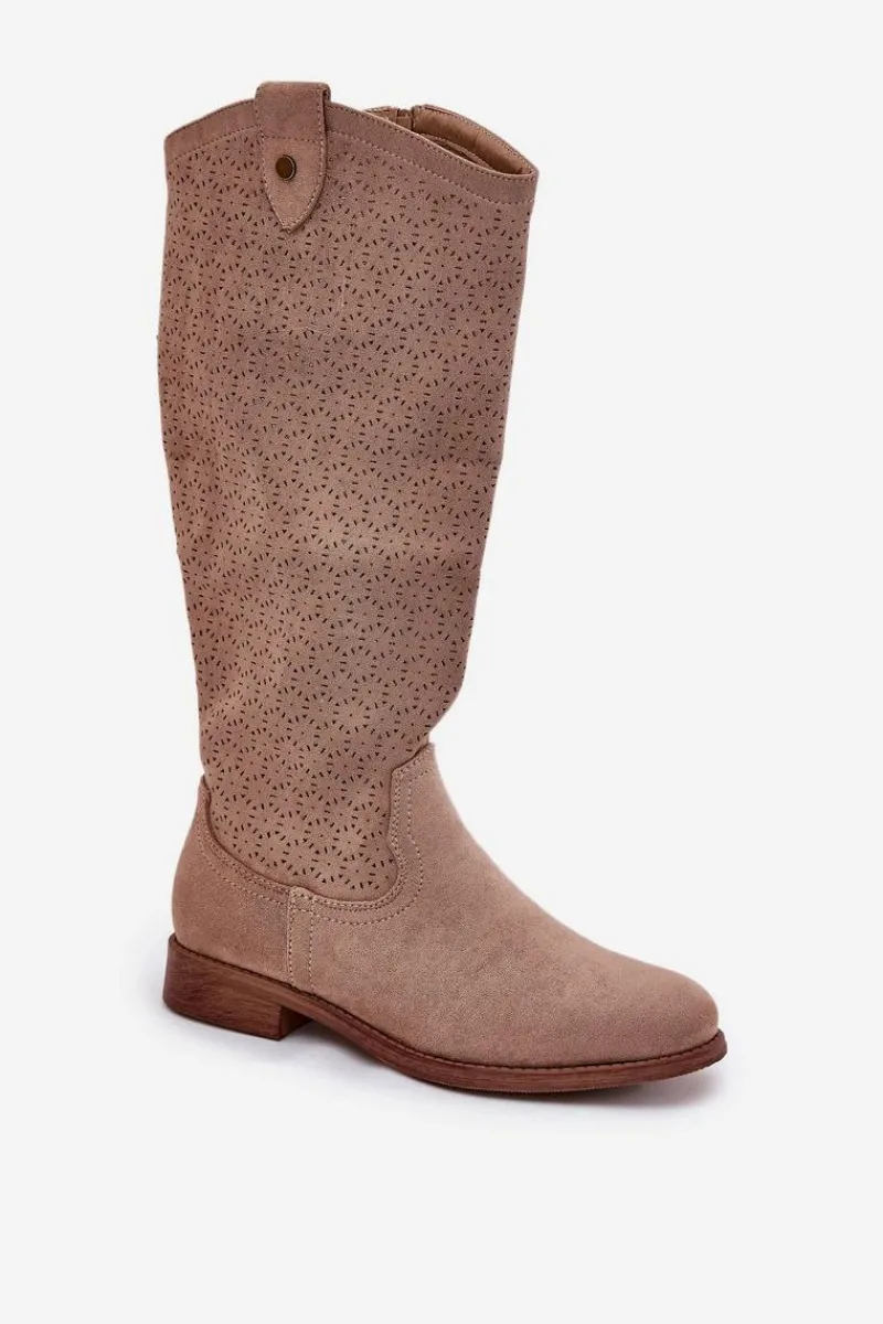 Kozaki Wiosenne|Kozaki Ażurowe>Damskie buty S.Barski Kozaki Na Płaskim Obcasie Z Ażurowym Wzorem S.Barski HY51-062 Beżowe Beżowy