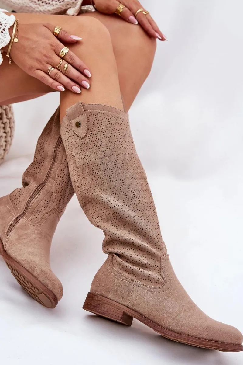 Kozaki Wiosenne|Kozaki Ażurowe>Damskie buty S.Barski Kozaki Na Płaskim Obcasie Z Ażurowym Wzorem S.Barski HY51-062 Beżowe Beżowy