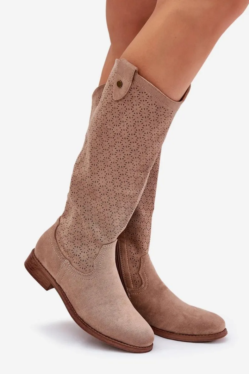 Kozaki Wiosenne|Kozaki Ażurowe>Damskie buty S.Barski Kozaki Na Płaskim Obcasie Z Ażurowym Wzorem S.Barski HY51-062 Beżowe Beżowy