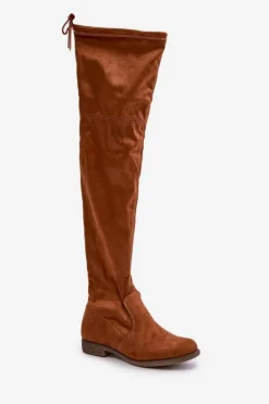 Best Kozaki Na Płaskim Obcasie Za Kolano Z Eko Zamszu Camel Linnithia Damskie Muszkieterki|Kozaki Za Kolano