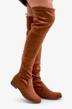Best Kozaki Na Płaskim Obcasie Za Kolano Z Eko Zamszu Camel Linnithia Damskie Muszkieterki|Kozaki Za Kolano
