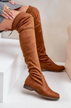 Best Kozaki Na Płaskim Obcasie Za Kolano Z Eko Zamszu Camel Linnithia Damskie Muszkieterki|Kozaki Za Kolano