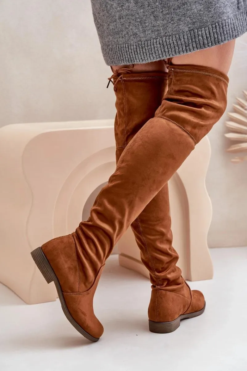 Best Kozaki Na Płaskim Obcasie Za Kolano Z Eko Zamszu Camel Linnithia Damskie Muszkieterki|Kozaki Za Kolano