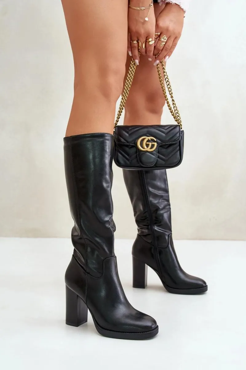 Online Boto Kozaki Na Słupku Eko Skórzane Przed Kolano Czarne Riamaya