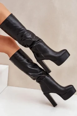 Clearance Kozaki Na Słupku I Platformie Z Eko Skóry Czarne Felilorn Damskie Kozaki Ocieplane|Kozaki Na Słupku