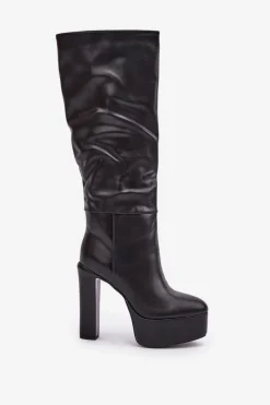 Clearance Kozaki Na Słupku I Platformie Z Eko Skóry Czarne Felilorn Damskie Kozaki Ocieplane|Kozaki Na Słupku