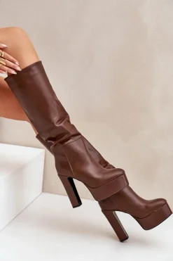 Online Boto Kozaki Na Słupku I Platformie Z Eko Skóry Brązowe Felilorn Brązowy