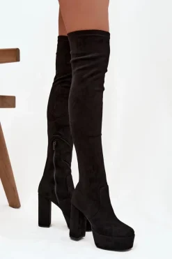 Clearance Kozaki Na Słupku I Platformie Za Kolano Eko Zamszowe Czarne Amareen Damskie Kozaki Ocieplane|Muszkieterki