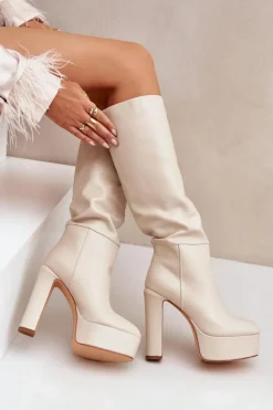 Kozaki Na Słupku I Platformie Z Eko Skóry Jasnobeżowe Felilorn Damskie Kozaki Ocieplane|Kozaki Na Słupku