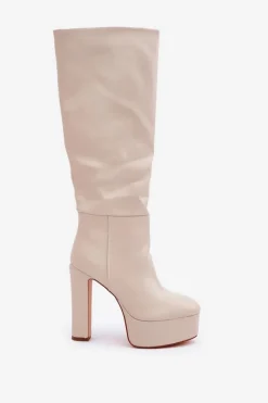 Kozaki Na Słupku I Platformie Z Eko Skóry Jasnobeżowe Felilorn Damskie Kozaki Ocieplane|Kozaki Na Słupku