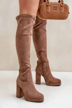 Kozaki Ocieplane|Muszkieterki>Boto Kozaki Na Słupku I Platformie Z Cholewką Za Kolano Eko Zamszowe Ciemnobeżowe Zistaria