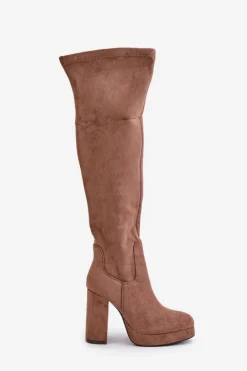 Kozaki Ocieplane|Muszkieterki></noscript>Boto Kozaki Na Słupku I Platformie Z Cholewką Za Kolano Eko Zamszowe Ciemnobeżowe Zistaria