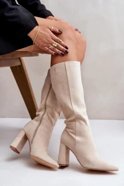 Sale Boto Kozaki Na Słupku Przed Kolano Jasnobeżowe Lannetea