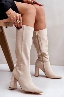 Sale Boto Kozaki Na Słupku Przed Kolano Jasnobeżowe Lannetea