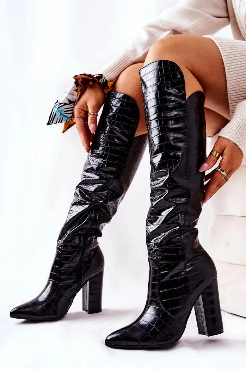 Kozaki Wiosenne|Kozaki Przed Kolano>Boto Kozaki Na Słupku Wężowy Wzór Czarne Renesa