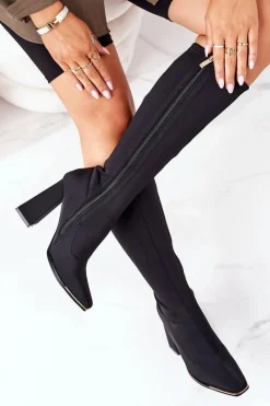 Best Kozaki Na Słupku Z Elastycznej Tkaniny Czarne Effect Wow Damskie Kozaki Wiosenne|Kozaki Na Obcasie