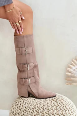 Discount Kozaki Na Słupku Z Wywiniętą Cholewką I Klamrami Beżowe Vamissa Damskie Kozaki Ocieplane|Kozaki Z Wywiniętą Cholewką