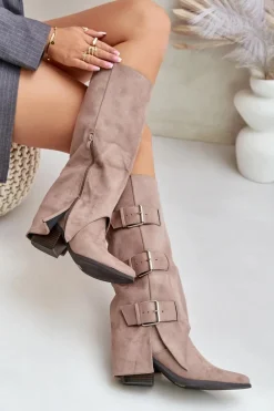 Discount Kozaki Na Słupku Z Wywiniętą Cholewką I Klamrami Beżowe Vamissa Damskie Kozaki Ocieplane|Kozaki Z Wywiniętą Cholewką