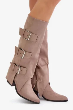 Discount Kozaki Na Słupku Z Wywiniętą Cholewką I Klamrami Beżowe Vamissa Damskie Kozaki Ocieplane|Kozaki Z Wywiniętą Cholewką