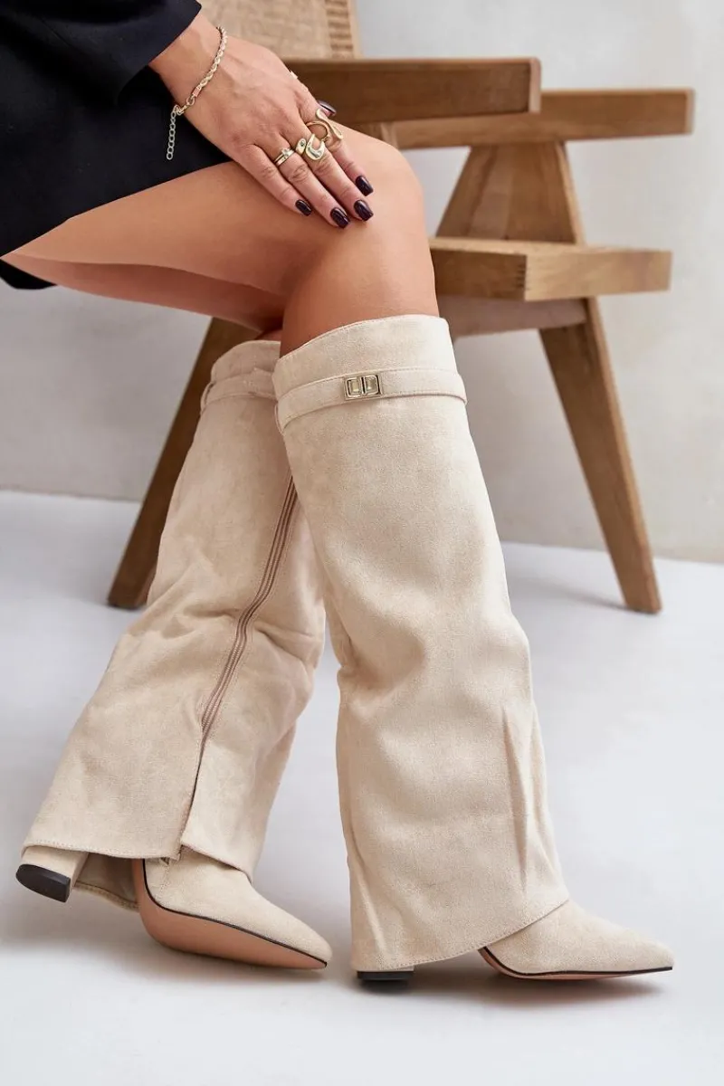 Hot Boto Kozaki Na Słupku Z Wywiniętą Cholewką Ocieplane Jasnobeżowe Urelli