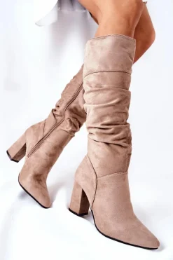 Sale Kozaki Na Słupku Zamszowe Beżowe Dorelle Damskie Kozaki Na Obcasie|Kozaki Zamszowe