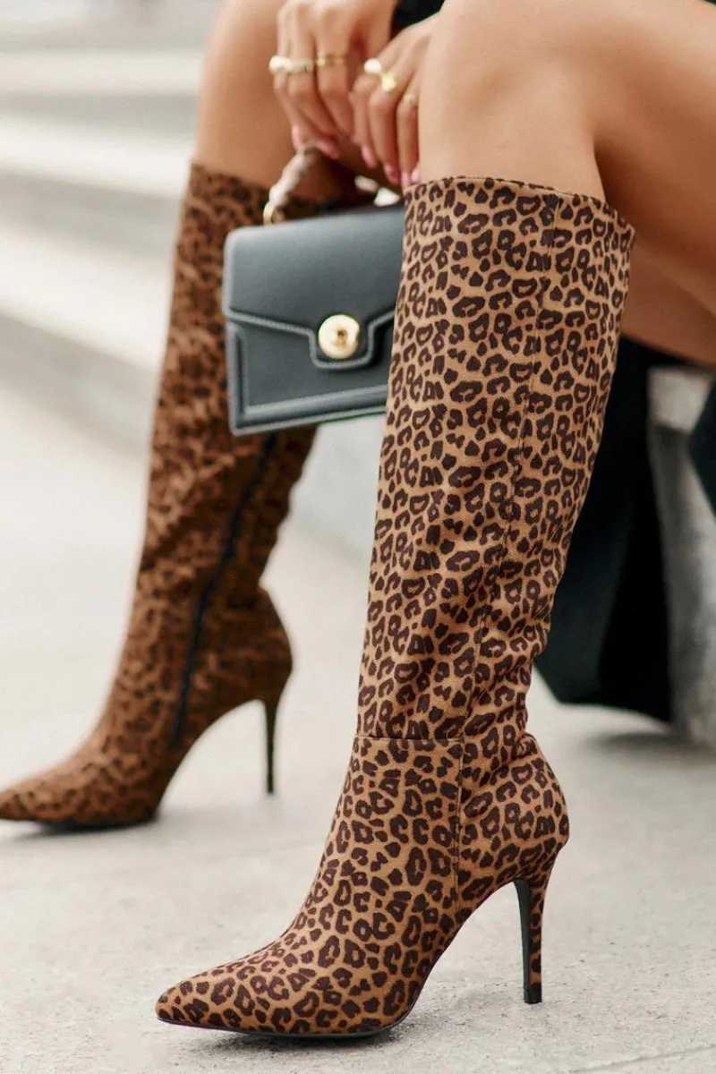 Sale Boto Kozaki Na Szpilce W Panterkę Brązowe Reanwenna