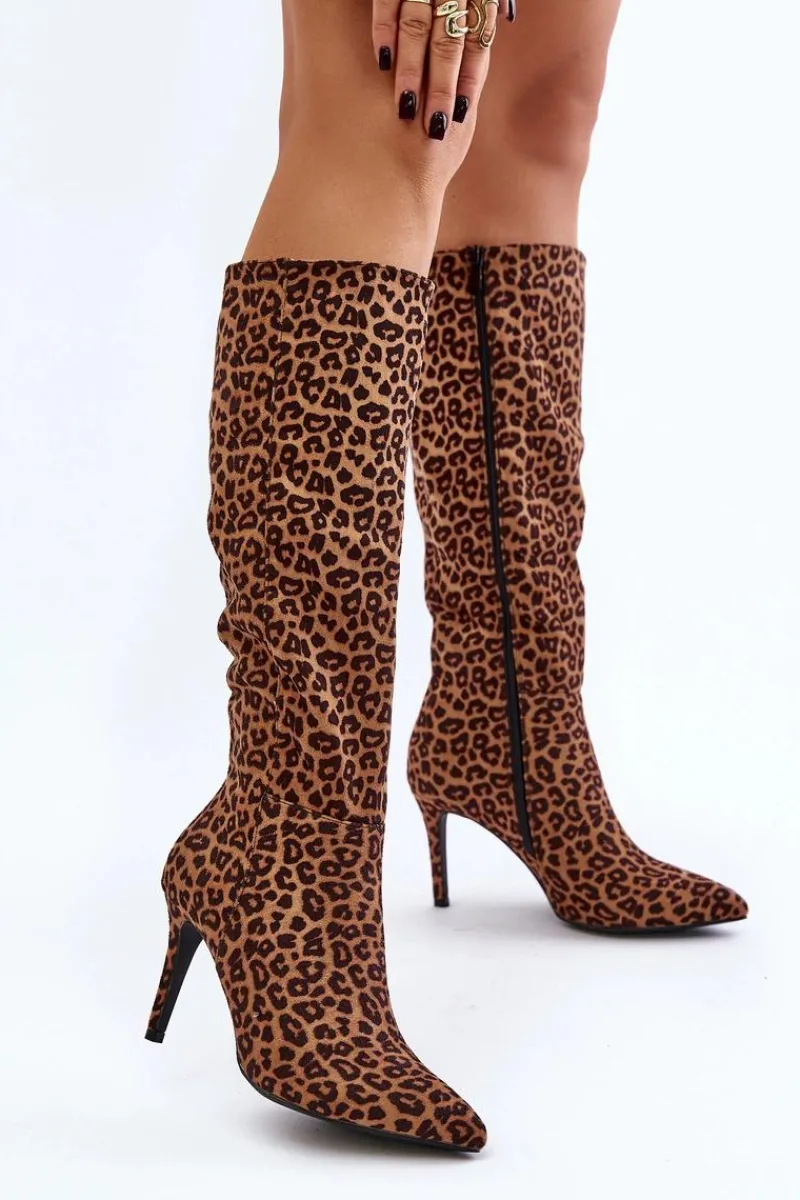 Sale Boto Kozaki Na Szpilce W Panterkę Brązowe Reanwenna