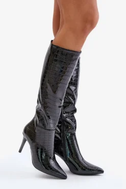 Sale Kozaki Na Szpilce Z Tłoczeniem Czarne Reanwenna Damskie Kozaki Na Szpilce|Kozaki Przed Kolano