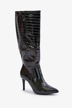 Sale Kozaki Na Szpilce Z Tłoczeniem Czarne Reanwenna Damskie Kozaki Na Szpilce|Kozaki Przed Kolano