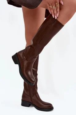 New Kozaki Oficerki Damskie Na Niskim Obcasie Ocieplane Brązowe Averna Damskie Kozaki Przed Kolano|Kozaki Na Obcasie