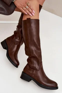 New Kozaki Oficerki Damskie Na Niskim Obcasie Ocieplane Brązowe Averna Damskie Kozaki Przed Kolano|Kozaki Na Obcasie