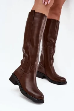 New Kozaki Oficerki Damskie Na Niskim Obcasie Ocieplane Brązowe Averna Damskie Kozaki Przed Kolano|Kozaki Na Obcasie
